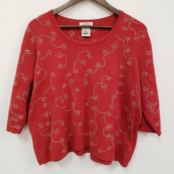 Talbots Womens Embroidered 3/4 Sleeve Top Size 2X Petite Red Equestrian Mature - Picture 1 of 11